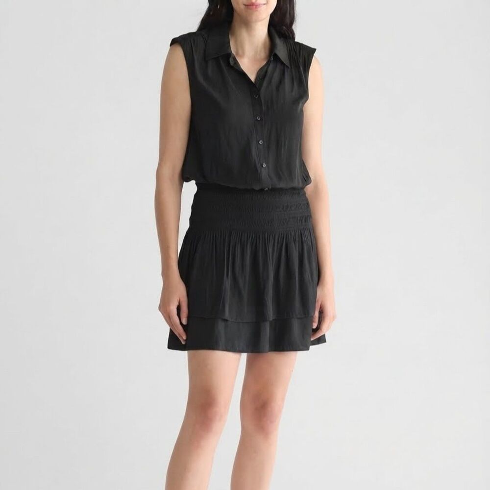 Ramy Brook Tabitha Black Smocked Mini Shirtdress Size Small Drop Waist